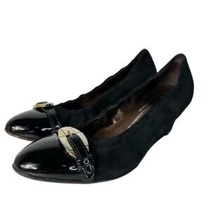 AGL Black Heels Attilio Giusti Leombruni Suede Leather Wedge Kitten Buckle 37 7